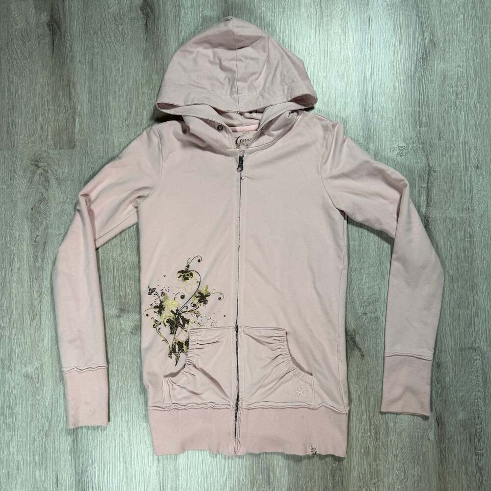 Womens Garage Pink Floral  Full-Zip Hoodie Skater Y2K